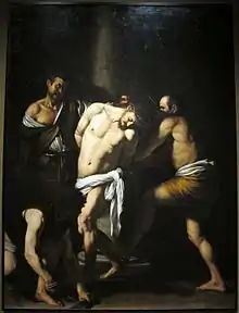 tableau représentant le Christ entouré par trois bourreaux qui le lient à une haute colonne.