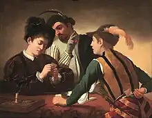 Peinture. Deux hommes jouent aux cartes. Un spectateur indique par des signes de la main le contenu du jeu de l'un à l'autre joueur.