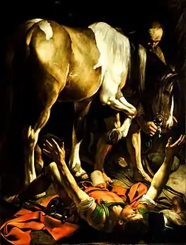 Peinture d'un homme tombé de cheval, les bras grands ouverts vers les cieux. Son serviteur tient le mors du cheval. L'arrière-plan est sombre.