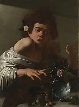 Peinture d'un jeune homme qui semble avoir été mordu au doigt et le retire vivement d'un bouquet de fleurs en faisant une grimace de douleur.