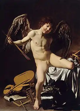 Peinture. Un jeune garçon nu, des ailes dans le dos, fait face au spectateur avec un grand sourire.