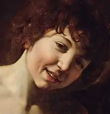 Peinture d'un visage de jeune garçon brun, frisé, souriant.