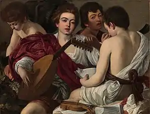 Peinture. Quatre jeunes gens vêtus de toges posent avec des instruments de musique.