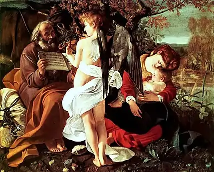 Peinture. La Sainte Famille se repose tandis qu'un ange joue du violon devant eux.