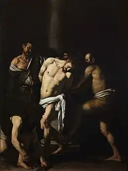Peinture d'un homme nu, la tête ceinte d'une couronne d'épines, tenu attaché par trois hommes qui sont ses bourreaux.