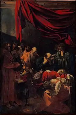 Peinture représentant une femme vêtue de rouge expirant, entourée de nombreuses personnes.