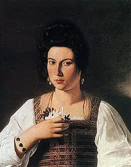 Portrait peint d'une jeune femme tenant une fleur à la main.