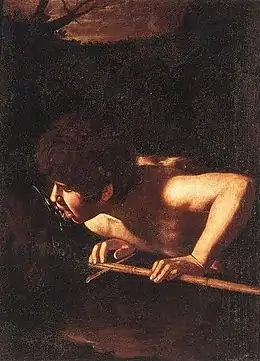 Tableau représentant un jeune homme qui boit à une fontaine jaillissante.