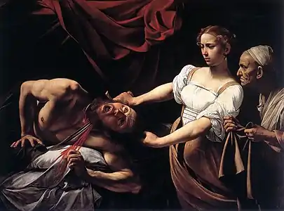 Peinture. Une femme tranche la gorge d'un homme à l'épée, une vieille femme regarde la scène.