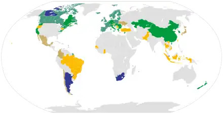 Carte mondiale des pays ayant une législation fixant un prix au carbone (en 2019) Prix du carbone et taxe carbone dans le marché du carbone vers 2019