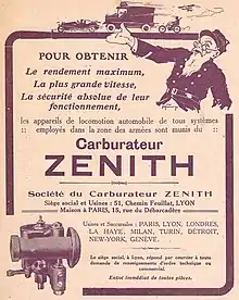 Encart publicitaire pour le carburateur Zenith, avec un personnage à longue barbe blanche en uniforme.