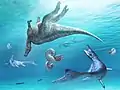 Grands prédateurs marins du Crétacé supérieur ; Mosasauridae, Ammonoidea. Aussi, bois flotté et cadavre de dinosaure à la dérive.