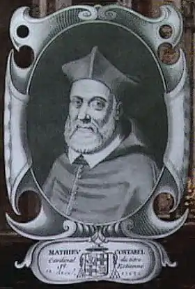 Gravure d'un homme représenté à mi-corps, en tenue de cardinal. Sous son portrait apparaissent dans un cartouche son nom et son blason.