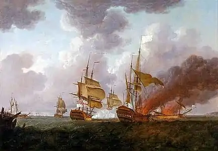 Le Soleil Royal (et le Héros) incendiés au Croisic deux jours après la bataille. La présence du vaisseau anglais tirant sur les navires échoués est parfaitement imaginaire. (Richard Paton)