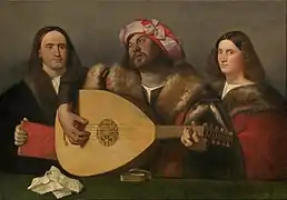 Toile représentant un joueur de luth, entouré d'un homme et d'une femme.