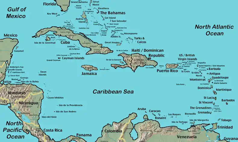 Carte en couleurs avec détails de l'archipel des Petites Antilles