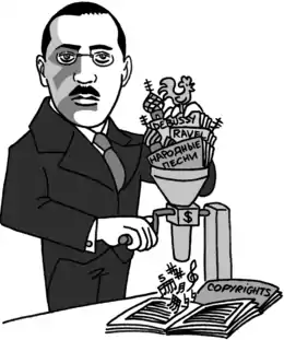 Caricature de Stravinsky passant des partitions à la moulinette.