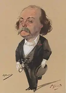 Dessin en couleurs représentant un homme en costume avec de petites jambes et une grosse tête, grosse moustache, cheveux longs, front dégarni