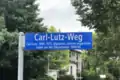 Photographie d'un panneau signalétique indiquant en allemand en lettres blanches sur fond bleu: "Carl-Lutz-Weg" dans une grande typographie et "Carl Lutz, 1895-1975, Diplomat, rettete ungarische Juden vor der Deportation, 1944/45" dans une typographie plus petite ; au loin, des maisons et des arbres au feuillage vert.