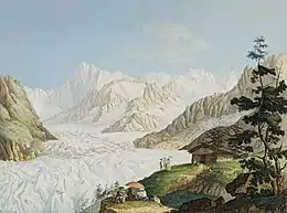 Représentation artistique de deux groupes de trois personnes à proximité d'un abri rudimentaire, dominant un glacier.