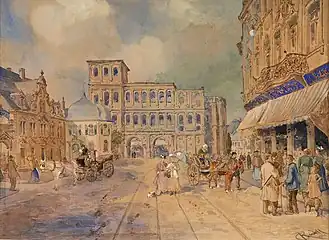 Vue de Trèves avec la Porta Nigra, gouache de Carl Rüdell (de) (1855–1939)