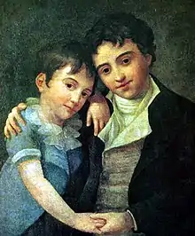 peinture : deux enfants se pressent l'un contre l'autre