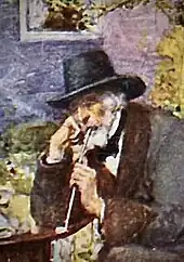 Peinture d'un personnage coiffé d'un large chapeau noir et fumant une longue pipe.