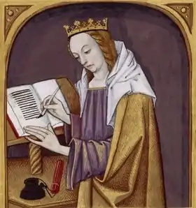 Carmenta, miniature de Robinet Testard tirée d'un manuscrit du De mulieribus claris de Boccace, vers 1488-1496, BNF, Fr.599, f.22v.