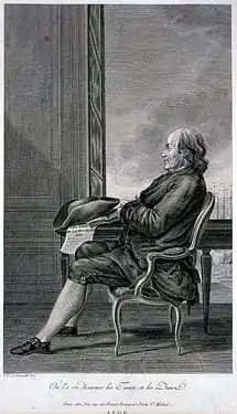 Benjamin Franklin (1781), gravure de François Denis Née d'après Carmontelle. Légende : « On l'a vu désarmer des Tirans et des Dieux. »