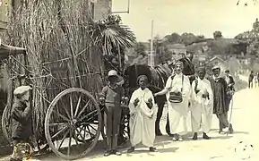 Char de mardi gras attelé à un cheval avec une décoration d'inspiration coloniale et des enfants déguisés.