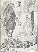 Illustration en noir et blanc d'un homme immense et d'une femme.