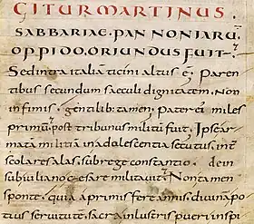 Page de la Vita Sancti Martini de Sulpice Sévère rédigée en minuscule caroline, mise au point à Corbie (770) ; manuscrit de la BnF.