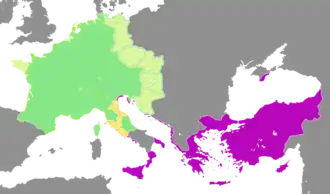 La Dalmatie à la limite des empires carolingien (vert) et byzantin (pourpre) en 814