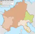 Le royaume d'Aquitaine de Pépin Ier (en orange) en 828.