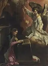 Peinture. L'ange arrive par la droite et surplombe Marie qui est encore en pleine lecture.