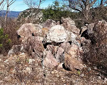 Marbre rose (dit "de Villefranche"), Dévonien moyen (c380 Ma), Carrière Badabany (désaffectée), commune de Corneilla-de-Conflent. Au fond : le plateau d'Ambullas.