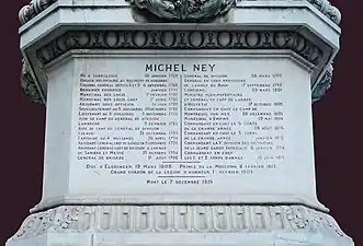 États de service de Michel Ney sur le socle de la statue parisienne.