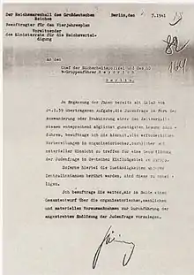 Fac-similé de la lettre de Göring à Heydrich à propos de la « Solution finale », l'invitant à organiser les opérations, d’où la conférence de Wannsee