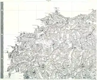 La côte galicienne tourmentée ou « Côte de la Mort». Le cap Finisterre et le cap Touriñan sont vers le bas à gauche de la carte, bien visibles à l'agrandissement.