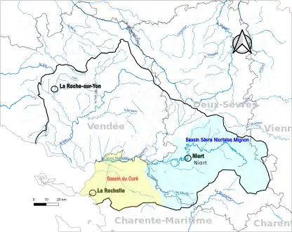 Carte du territoire Sèvre Niortaise et Marais Poitevin, avec représentation des CTGQ Sèvre Niortaise Mignon et Curé.