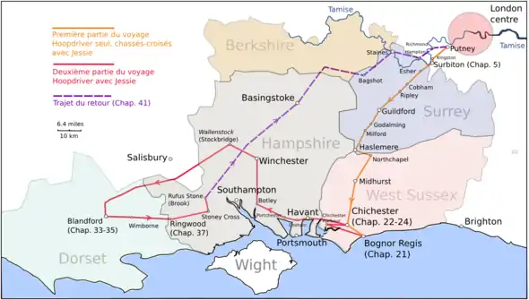 Dessin d'une carte du sud de l'Angleterre à l'échelle approximative d'un millionnième sur laquelle cinq comtés sont figurés ainsi que plusieurs localités.