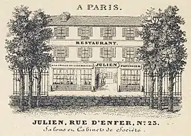 Carte-adresse du restaurant Julien et du pâtissier À la grille du Luxembourg, disparus, situés rue d'Enfer(années 1840).