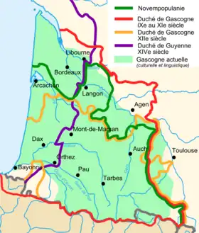 Cinq limites sur la carte : 1. Novempopulanie. 2. Duché de Gascogne du IXe   au   XIe siècle. 3. Duché de Gascogne au XIIe siècle. 4. Duché de Guyenne au XIVe siècle. 5. Aire culturelle et linguistique actuelle.