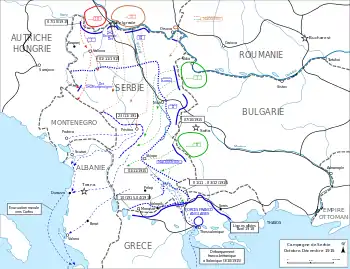 Carte montrant l'invasion du royaume de Serbie par les armées autro-hongroises et bulgares.