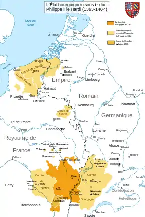 L'État bourguignon sous le duc Philippe II le Hardi (1363-1403) :- Duché de Bourgogne- Comté de Nevers- Comté de Bourgogne- Comté de Rethel- Comté d'Artois- Comté de Flandre.