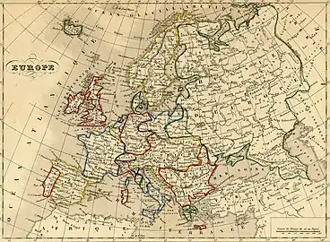 L’Europe en 1843 : la Circassie est mentionnée au nord du Caucase.