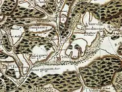 Localisation des Forges de Varigney et environ sur la carte de Cassini (1756)