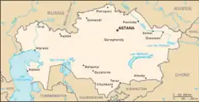 Carte politique du Kazakhstan ; la frontière entre les deux pays est située au nord du Kazakhstan.