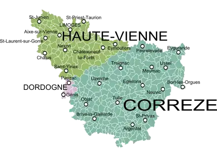 La province du Limousin dans ses limites du XVIIIe siècle et les communes et départements actuels