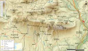Orohydrographie, nom et altitude des principaux sommets, tracé des routes, voies ferrées et limites départementales